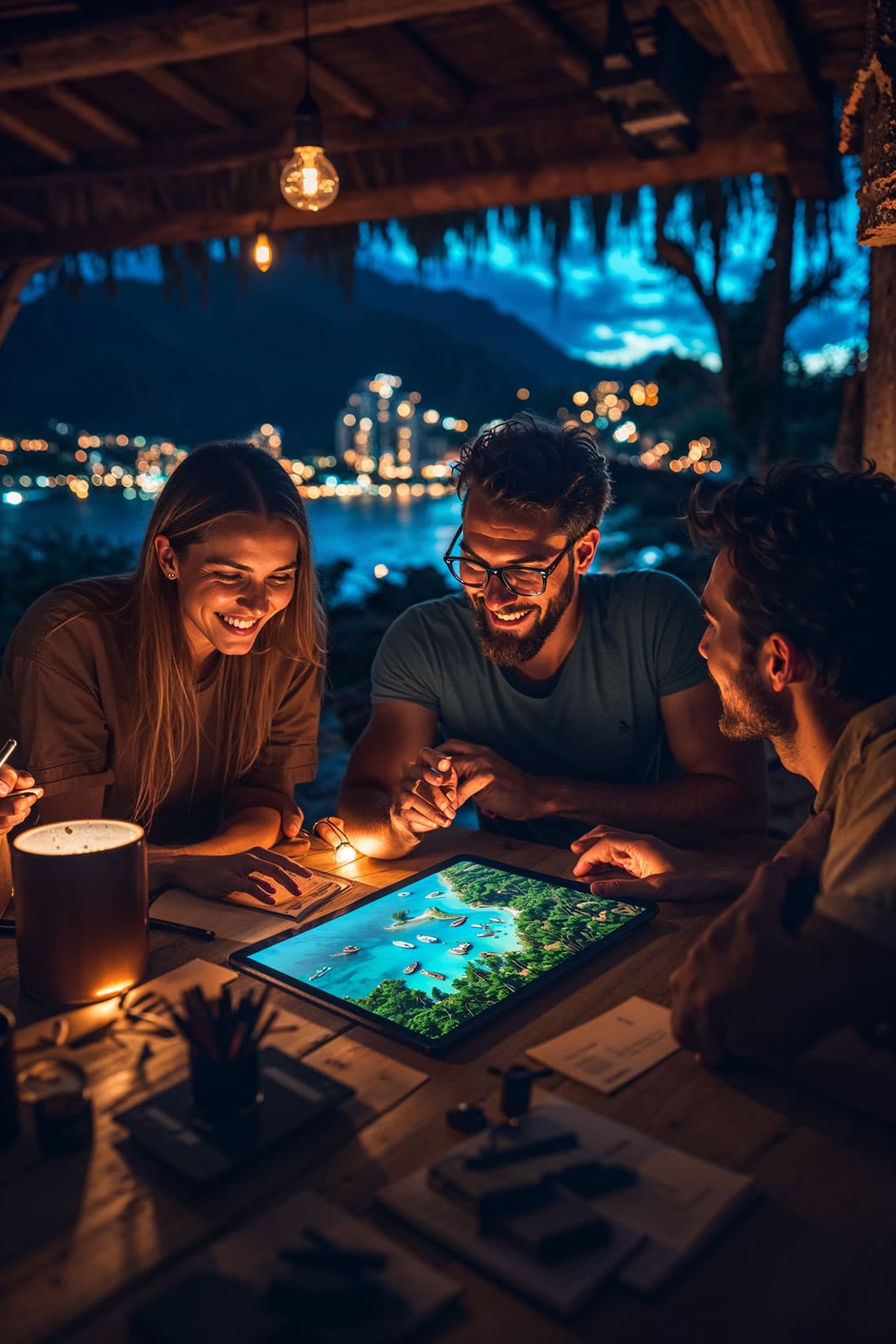 A couple planning a romantic trip with a travel advisor