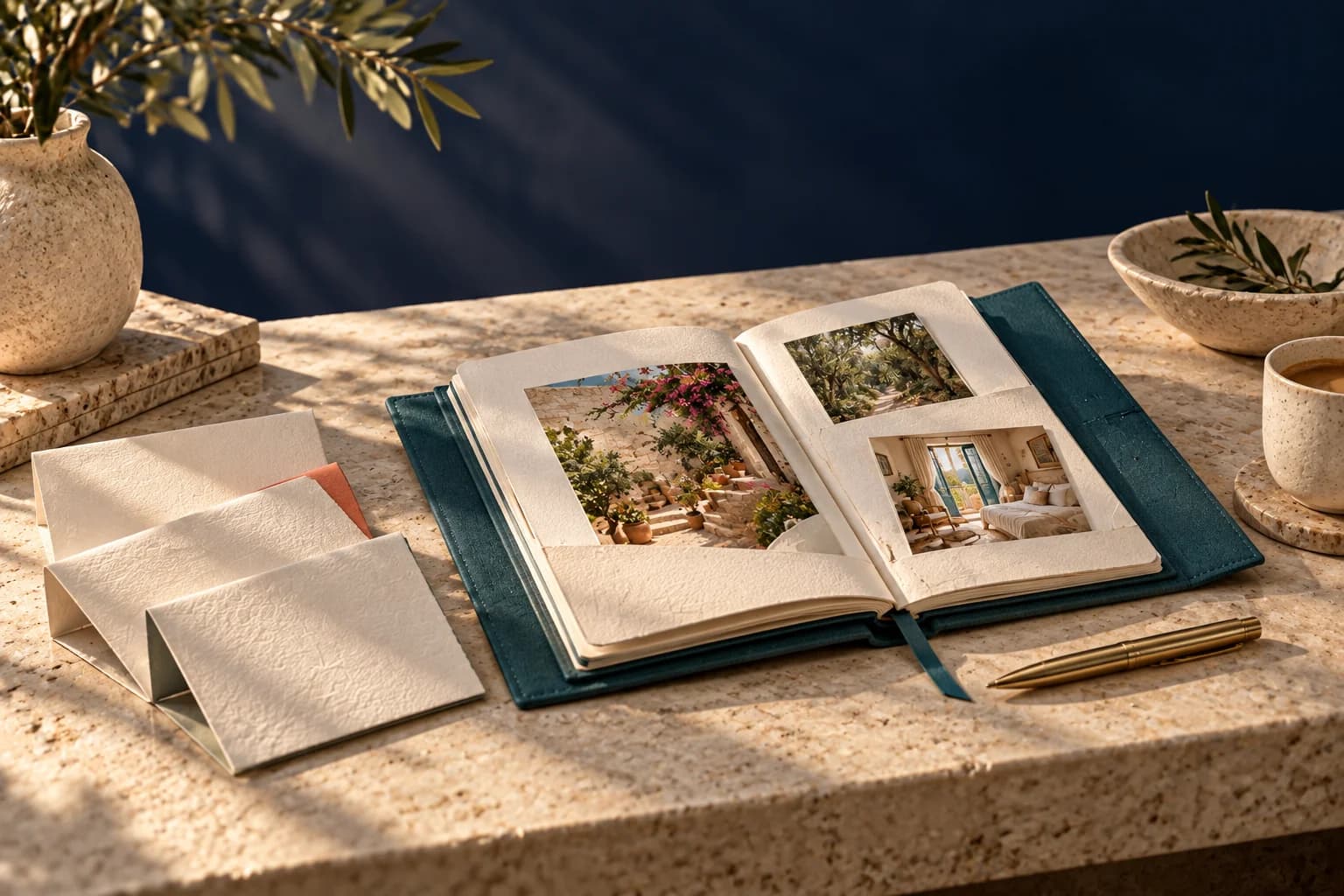 Folded inquiry notes beside an open teal travel folio with destination photographs on a sunlit limestone desk.