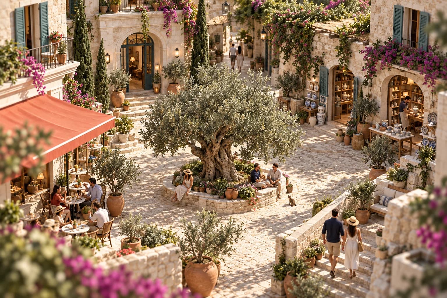 An imagined Mediterranean courtyard with people meeting beneath an olive tree, a cafe, an artisan workshop, and a welcoming hotel entrance.