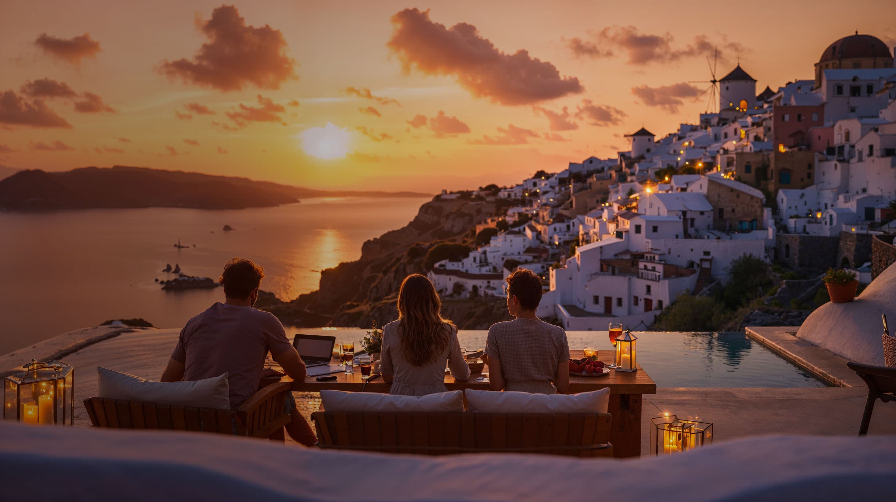 Couple watching the sunset over a cliffside Mediterranean village