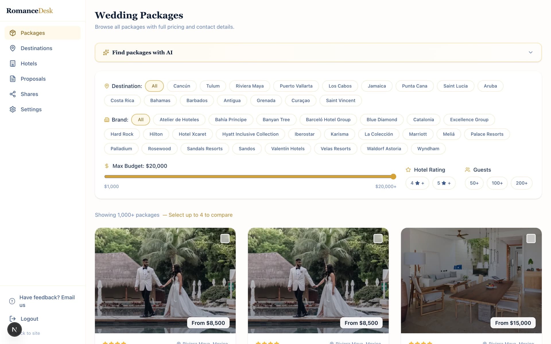RomanceDesk AI Package Finder — searchable, AI-ranked wedding packages with destination and brand filters, pricing, and compare