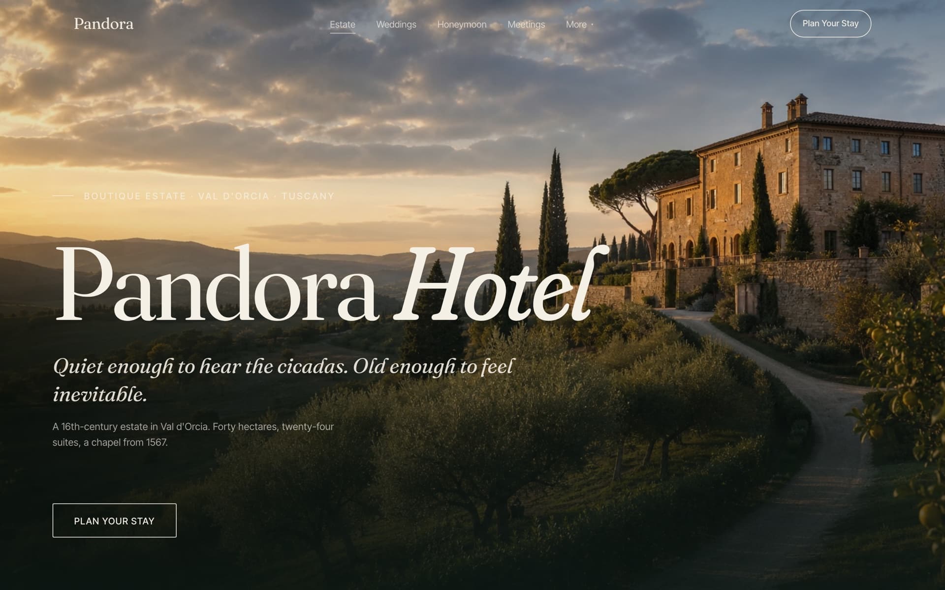 Pandora Hotel — a boutique-estate website designed and built by LOVU Studio