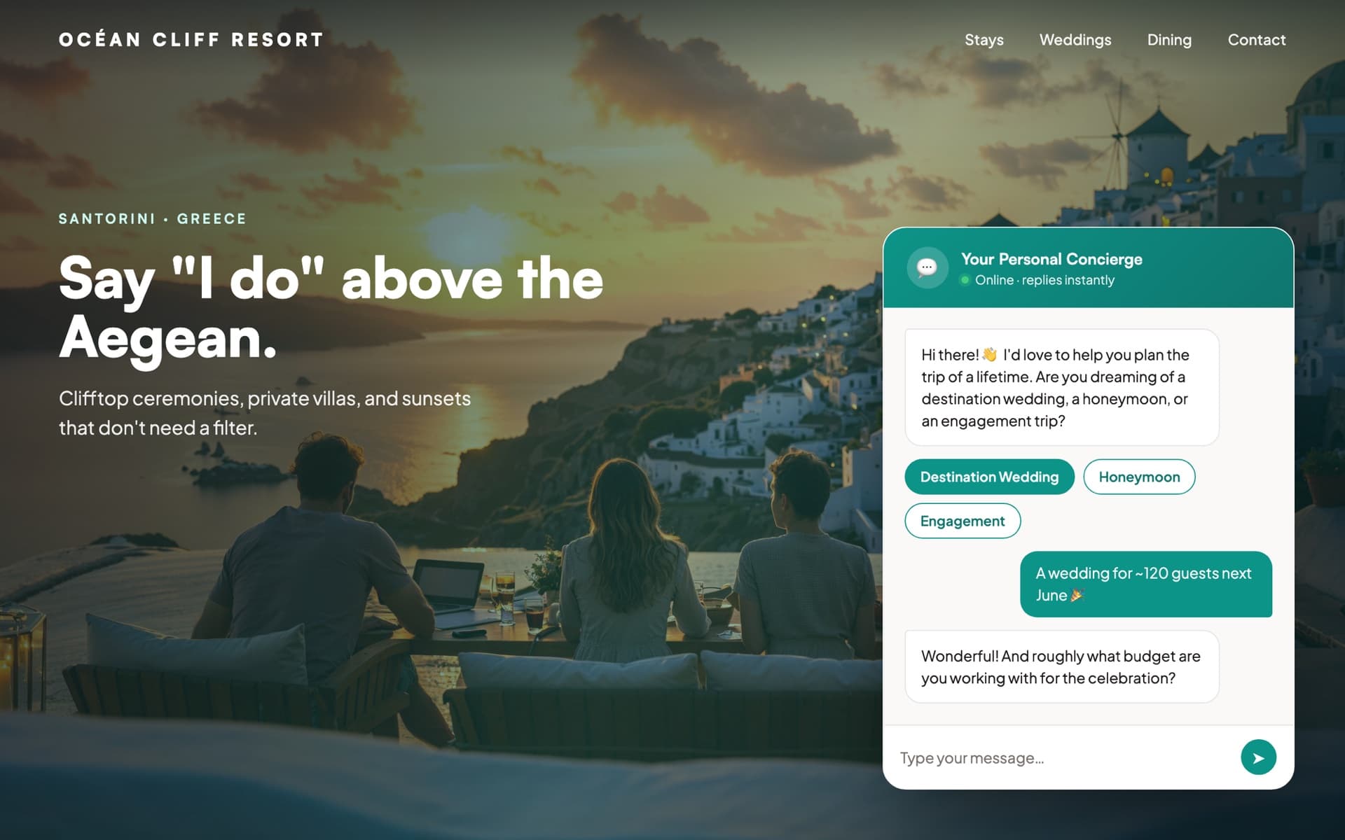 TripLeads AI chat widget on a hotel website, qualifying a destination wedding lead